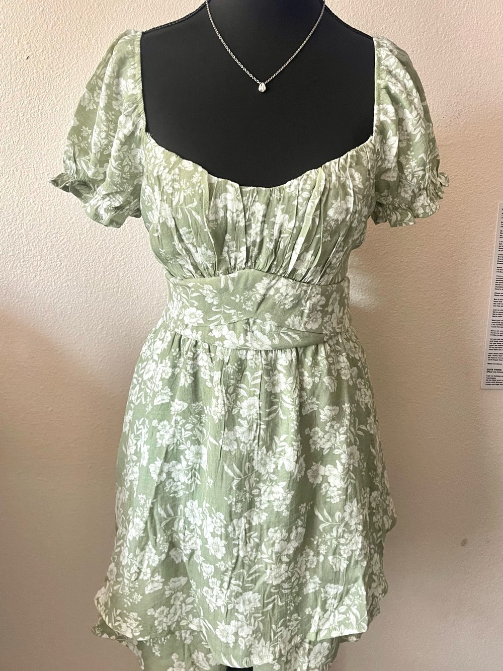 Francesca's Collections Sage Green and White Floral Mini Dress